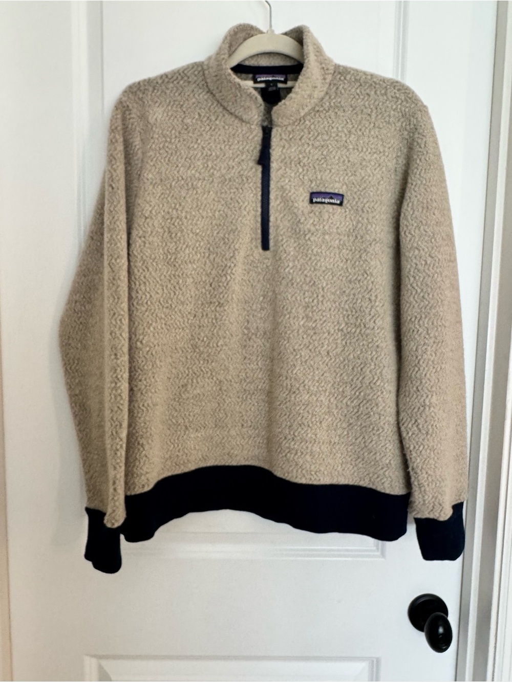 Patagonia Tan Sherpa Half-Zip with navy Trim